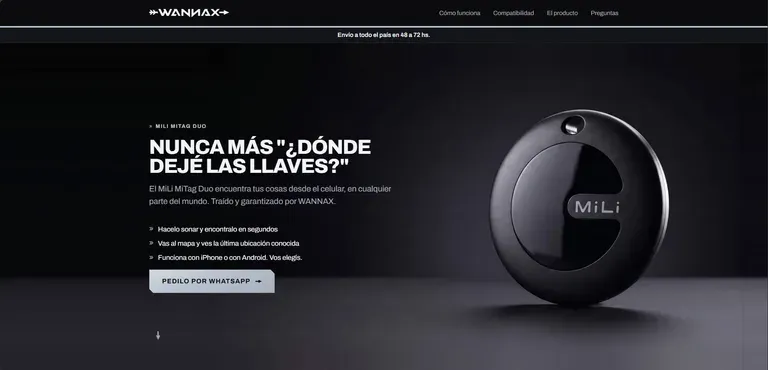 Web de WANNAX, rastreador MiLi MiTag Duo con pedido por WhatsApp y envíos a todo el país
